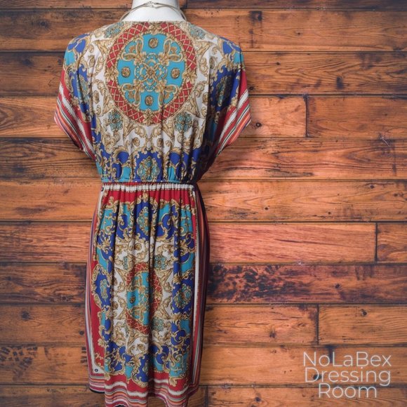 Surplice Shift Dress w/Red Blue and Gold Print - Picture 2 of 5